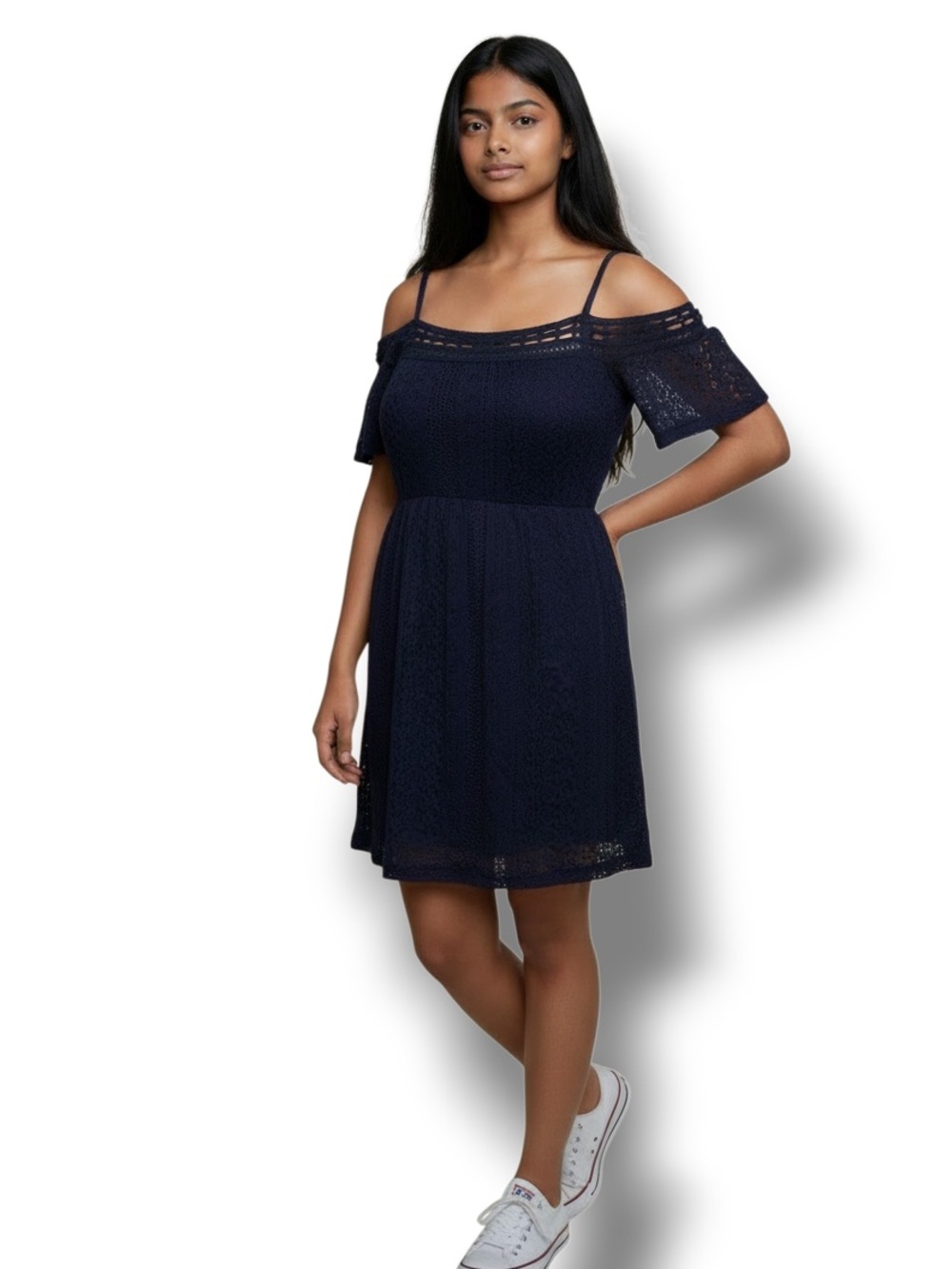 By & By Junior’s Off Shoulder Lace Lined Mini Dress, Navy, size XS